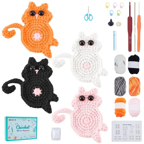 FREEBLOSS 16 Set Häkelset Für Untersetzer Mit Katzenmotiv Häkelset Für Untersetzer Häkelset Für Erwachsene Häkelset Für Tieruntersetzer Für Häkelliebhaber Häkelset Für Anfänger Mit Videoanleitungen