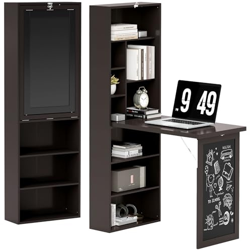 HOMCOM Klappbarer konvertierbarer Schreibtisch Computertisch, Schwarz | Wandmontiert, platzsparend, Tafel, Aufbewahrungsregale, für kleine Räume, Homeoffice, Schlafzimmer, Wohnheim, Wohnung