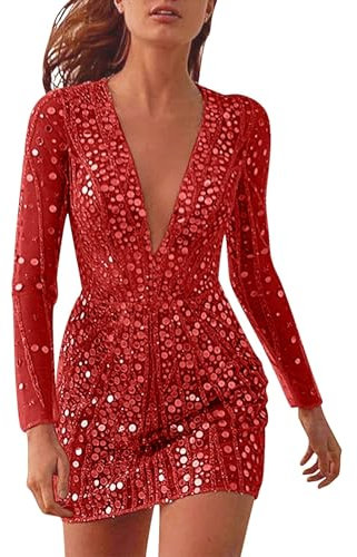 Glitzer-Fransenrock für Damen, 2024 Trends, Damen, tiefer V-Ausschnitt, langärmlig, kurzer Rock, gesprenkelt, goldfarben, kleines Kleid, rustikale Kleider, rot, XXL