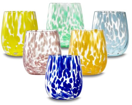ARCA, Set di 6 Tumbler in Vetro Colorato, per 6 Persone, Bicchieri Ideali per la Tavola, Lavabili in Lavastoviglie, Collezione Gocce di Luna, Colori Assortiti, 330 ml