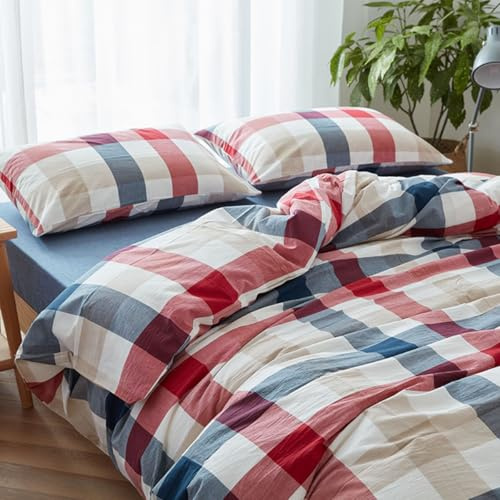 Nesture Bettwäsche 135x200 Baumwolle 2teilig, Kariert Bunt | 100% Baumwolle, gewaschene Leinenoptik, 1x Bettbezug 135x200 + 1x Kissenbezug 80x80cm, Bettwäsche-Sets, Weich & atmungsaktiv
