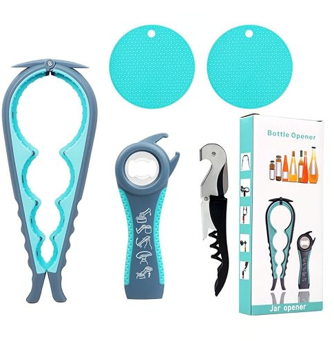 5-in-1 Jar Opener for Seniors, Weak Hands & Arthritis – Non-Slip Silicone Gripper Pad, Easy-Grip Bottle & Can Lid Opener Set, Grey and Blue