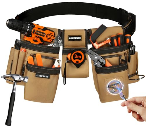 COMOWARE Tool Belt for Electricians & Construction Workers, Adjustable Heavy Duty Work Belt with Magnetic Zone, 17-Pocket Detachable System, Padded 600D Polyester Tool Belt for Men, Coffee Brown