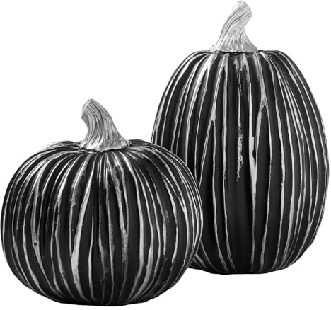 N DECONATION Herbstdeko Kürbis Set 2er – Halloween Deko Kürbisse Schwarz | mit Silber Streifen – Kürbisse Figuren aus Kunstharz Tischdeko Wohnzimmer & Eingang