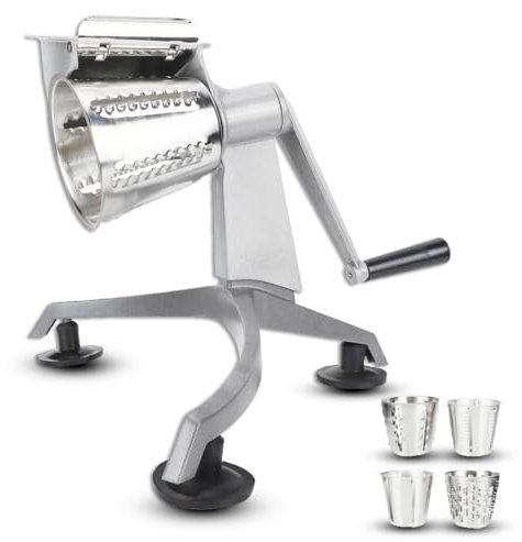 Vegetable Cutter, Stainless Steel Multi Functional Hand Crank Cutter Grater Food Processor Shredder with 5 Blades 1 Base for Kitchen Home Outdoor Cooking