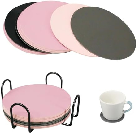 Set di 12 sottobicchieri double face in pelle Bicolore con Supporto, Sottobicchieri per Bicchieri, Effetto Pelle Antiscivolo, Protezione Superfici da Macchie e Graffi, Colori Grigio e Rosa