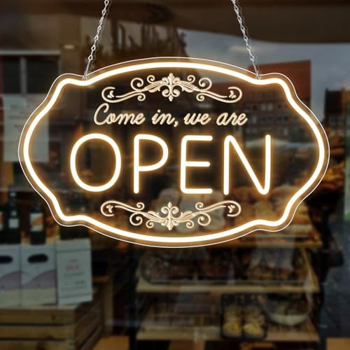 LED Open Schild für Geschäfte, 41,91 × 25,4 cm, Come in We're Open Neon Schild, Warmweißes Neon Schild mit einstellbarer Helligkeit, USB LED Leuchtschild für Bar, Salon, Laden, Café, Restaurant, Hotel