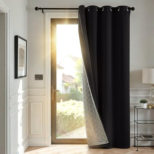 TOPICK Termisk gardin, köldskydd, gardiner, vardagsrum, ogenomskinliga med öljetter, dörrgardin, mörkläggningsgardiner, sovrum, gardiner, H 240 x 140 cm, dubbla gardiner med avtagbart lager, svart, 1