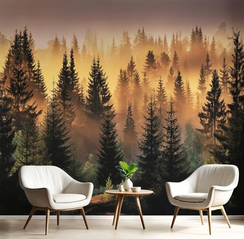 Carta Parati Murale Giallo-Verde Foresta Di Pini Nebbiosi 200X140Cm Carta Da Parati Panoramica Campo Di Acquerello Effetto 3D Poster Da Parete Per Sogg Per Soggiorno,Camera Letto,Ufficio,Tv Sfondo
