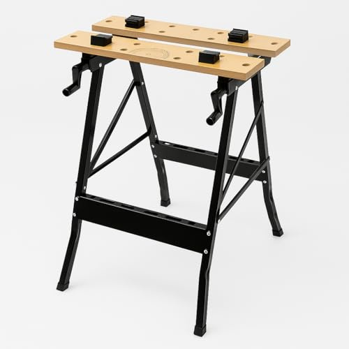 Dunnet Tools Folding Work Bench with Vice - Portable Workbench & Foldable Work Table – Heavy Duty Steel Frame & MDF Top Dual Clamping Cranks, Swivel Pegs & Tool Storage - Strong DIY Garage Workbenches