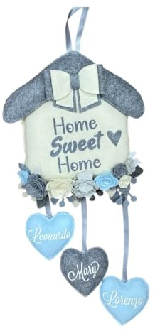 Casetta fuoriporta personalizzata - Home sweet Home - toni del grigio, panna, celeste - con cuoricini pendenti - Decorata con Cuori e Rose in feltro e pannolenci - Handmade - Made in Italy - Pri Frog