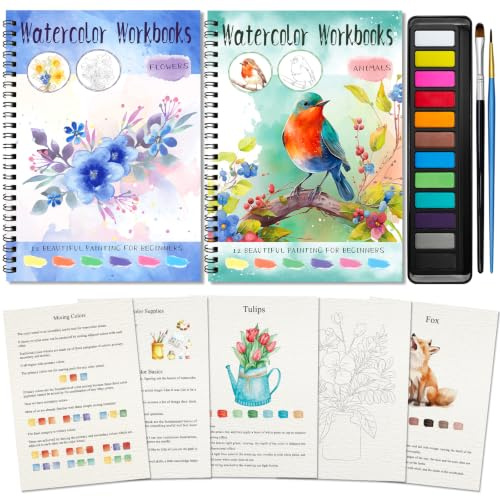 Elfew 2 Stück Aquarell Arbeitsbuch mit Wasserfarben,Aquarell für Erwachsene | 24 Seiten Tier und Blumen, Anfängerfreundliches Malset, 12 Farben, 200 GSM Papier, Aquarellbuch für Erwachsene, Kunsthandwerk