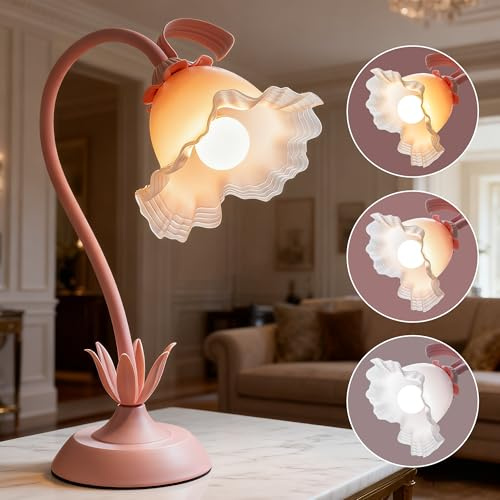Blume Tischlampe LED Nachttischlampe,Leselampe Bett 3 Farbmodi Nachttischlampe kinder mit Flexiblem Schwanenhal klemmleuchte Buchlampe Geeignet für Schlafzimmer,Büro,Wohnkultur (tischlampe rosa)