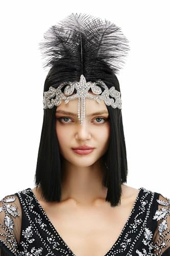 BABEYOND 1920-tal elastiskt Gatsby-pannband – Flapper-huvudbonad med fjäder och strass för fest, bröllop eller art deco-evenemang svart