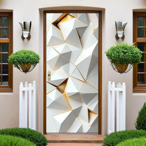 Weiß Türtapete Türaufkleber Geometrisches Dreieck Türfolie Selbstklebend 95x210 cm Tür Verschönern mit Türfolie, Entfernbar Aufkleber Wasserdichte Tapete PVC Türaufkleber