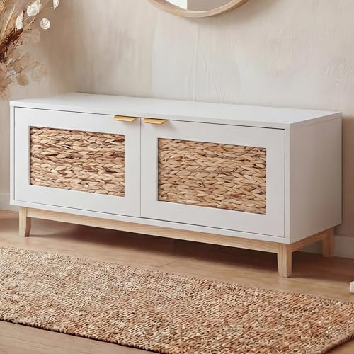 Mendler Sitzbank HWC-P54, Wasserhyazinthefront 45x100x42cm - weiß | Garderoben-Bank, Schuhregal, Schuhablage, MDF,Melamin