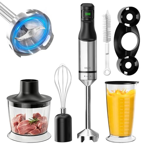 Ribelli Stabmixer Set 5-in-1 leistungsstark mit 1200W – Edelstahl Pürierstab stufenlos, Hand Blender & Mixer Küche inkl. Zerkleinerer, Schneebesen, Messbecher 700ml & Halterung für Suppe & Smoothie
