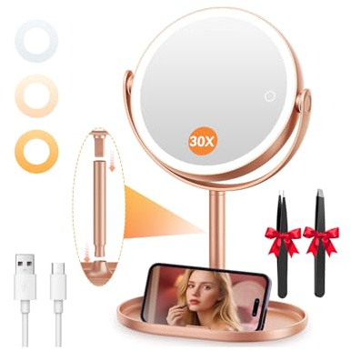 Auxmir Kosmetikspiegel mit Beleuchtung, USB 30X Doppelseitig Schminkspiegel | 3 Lichtfarben, Stufenlos Dimmbar, 360° Drehbar, Abnehmbares Reisedesign, 64 LEDs für Badezimmer Tisch und Urlaub, Rosegold