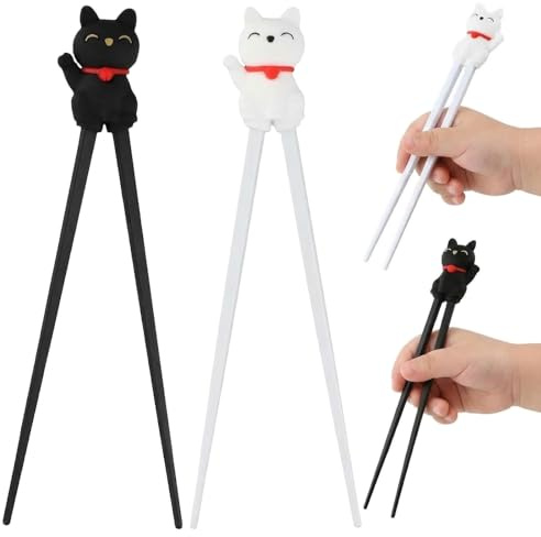 Essstäbchen Kinder 2 Paar, Süße Lucky Cat, Stäbchen Kinder, stäbchen kinder, Wiederverwendbare Rutschfeste Essstäbchen Training Essstäbchen Personalisiert Esstäbchen für Anfänger(Schwarz, Weiß)