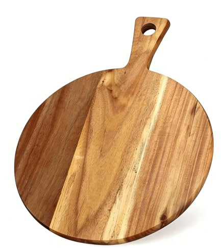 YMTWSRY 1 Stück Pizzateller Holz, 40 x 30 cm Pizzabrett Round Holzbrett Pizza Teller Schneidebrett mit Griff Servierbrett für Flammkuchen Käse Kuchen Brotzeit