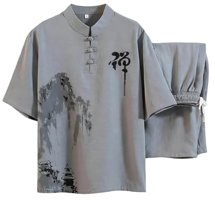 Kungfu Tang Tuta Uomo Tradizionale Cinese Arti Marziali Taichi Shaolin Wushu Qigong Maniche Lunghe Ricamato Allenamento Tempo Libero Uniformi Giacca Pantaloni Urbano Elegante Abbigliamento, O grigio