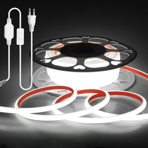 Aclorol 230V LED Streifen COB 15M Wasserdicht Außenbereich 6000K Kaltweiß | 220V LED Lichtschlauch, Direktanschluss, Flexibel für große Garagen Werkstätten Lagerhallen gewerbliche Flächen 288LEDs/M