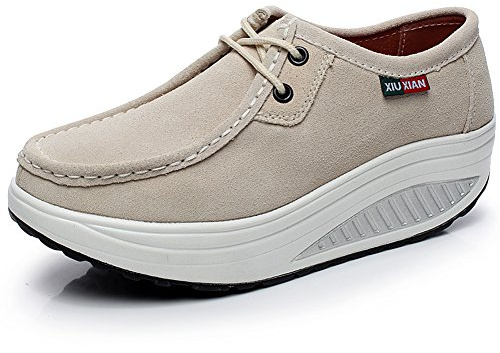 rismart Mujer Plataforma Calzo Aptitud para Caminar Beige Ante Cuero Entrenadores Zapatos