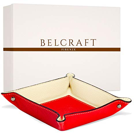 BELCRAFT Luni Taschenleerer Leder, Handgearbeitet in klassischem italienischem Stil, Ordentlich Tablett, Rot (19x19 cm)