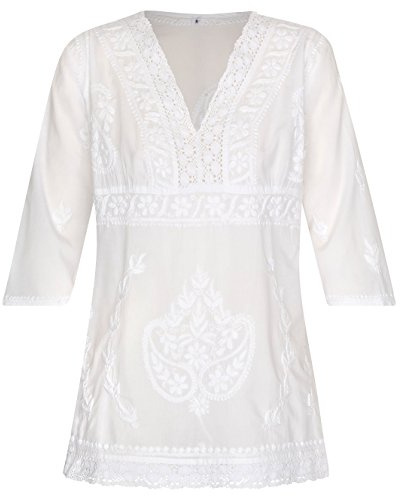 Maharanis Kurti Tunika Bluse tailliert Reine Baumwolle weiß handbestickt Gr. S 36