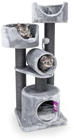 Petrebels Kratzbaum Victoria 125 cm hoch, Design Kratzbaum mit Liegefläche, Spielrolle, Höhle und Dicke Stämme Ø 12 cm, Farbe Grau
