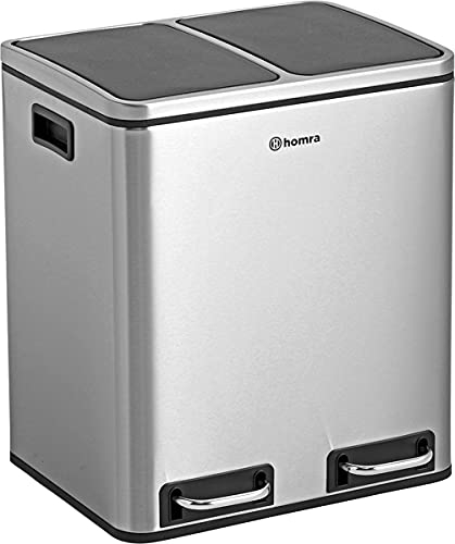 Homra Dual Kitchen Bin 30l – Double Rubbish Bins 2x15l – 2 Compartment Pedal System – Twin Section Waste&Recycling Separation – Soft Close Design – Inner Buckets with Handles – Stainless Steel