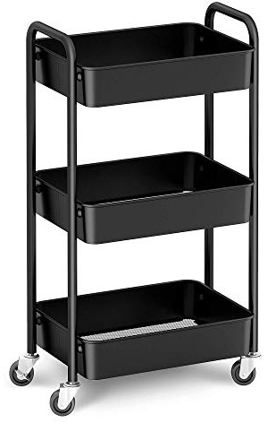 CAXXA 3-Tier Rolling Metal Storage Organizer - Mobile Utility Cart, Kitchen Cart with Caster Wheels (Black)