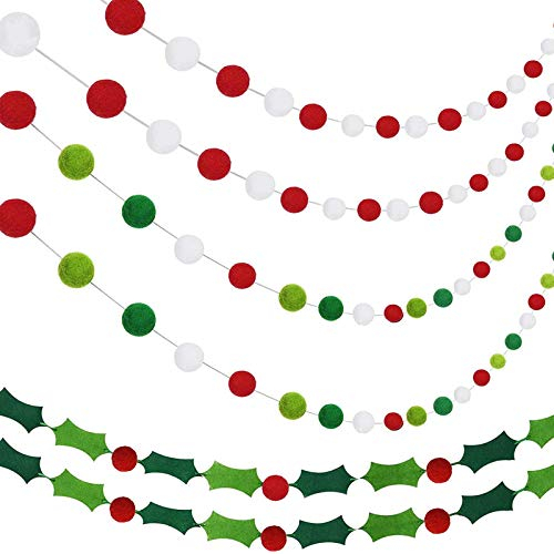 Guirnalda de Bola de Fieltro Banner de Fieltro Pancarta de Fieltro de Acebo y Bayas de Navidad Guirnalda de Pompones Decoración de Navidad (6 Piezas)