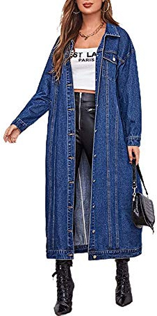 chouyatou Women's Fashion Spring Button Down Midi Long Denim Jean Jacket Trench Coat (Large, Blue)