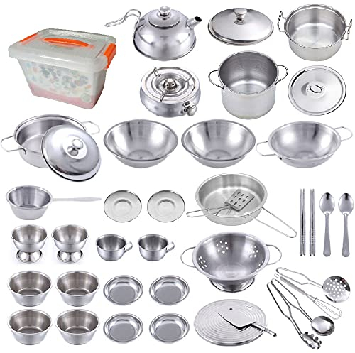 Cooking Utensils Set 41 Pieces Stainless Steel Kitchen Toys Pretend Play Pots Pans Toy Cookware Kits for Kids Come with a Handy Storage Box Role Play Educational Toys for Toddlers Small Size