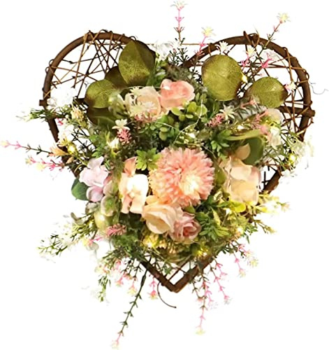 11,8-Zoll-künstlicher rosafarbener Hortensien-Kranz aus Seidenrosen-Blumen-Kranz for Haustür, herzförmiger Frühlings-Sommer-Kranz Eukalyptus-Girlande for Valentinstag-Hochzeitsfest-Dekoration ( Color