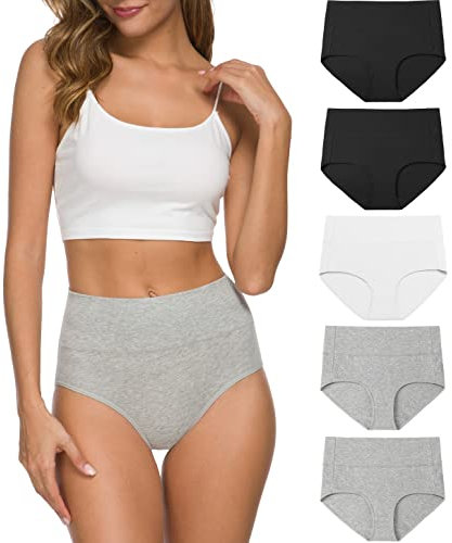 Wealurre Women High Waist Cotton Knickers C Section Underwear Ladies Full Coverage Briefs Tummy Control Panties Underpants Multipack 5 (1002 B/W/G,L)