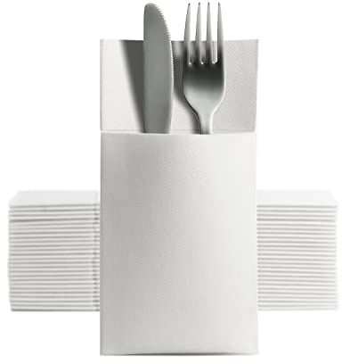 Shobi Tovaglioli portaposate 40x30 cm Tasca effetto stoffa in Pura cellulosa Biodegradabile e Compostabile (Bianco, 50)