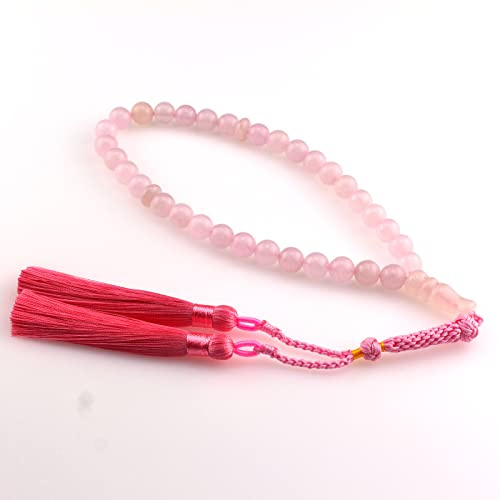 beirunde Tasbih Tesbih Islamische 33 Gebetsperlen, Muslimische Islam Subha Sebha Sorgenperlen, Allah Mohammed Ramadan Rosenkranz, Tasbih Rosenquarz Kristallperlen und Quaste