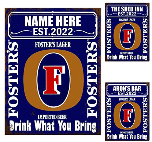 Personalised Home Bar Metal Tin Sign Plaque Fosters Man Cave Shed Bar Tiki Bar Garden Bar Fathers Day Gift Poster Print Dad Mum Ref 0220 PER (8x6 inches (Approx) 20cmx15cm)