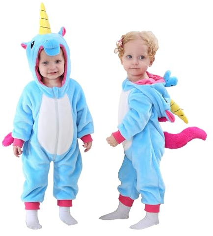 Doladola Babysparkdräkt för pojke och flicka, djurhuva, onesie, småbarn, overall, höst- och vinterkläder(4-5 år,Blå enhörning)