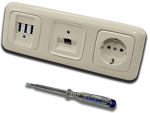 Busch Jäger, Rutenbeck Unterputz Netzwerkdose 10 Gigabit/S 10GbE KAT6A 6A 1x RJ45 Anschluss + EBROM Telefon TAE 3x6 NFN + Steckdose DURO2000 cremweiß Design + EBROM Phasenprüfer z. Montage d. Geräte