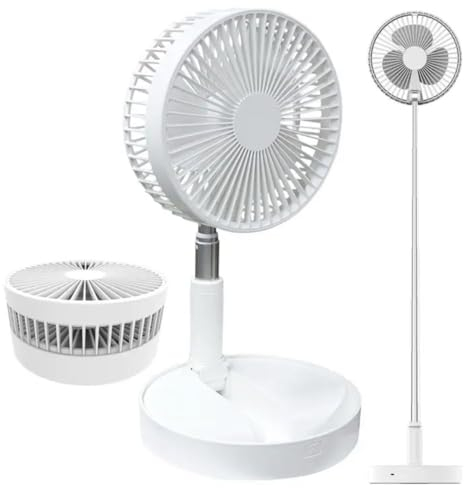 BEL AIR HOME - Ventola portatile ricaricabile tramite USB con base e tubo telescopico regolabile in altezza con 3 velocità d'aria in bianco