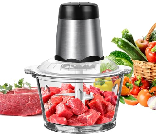 2L Food Processors 300W Electric Vegetable Chopper Glass Container with 4-304 Stainless steel Blades for Meat, Smoothie, Onions, Fruit, Vegetables