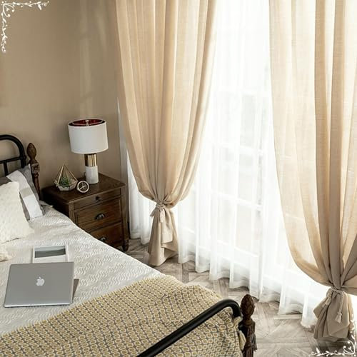 Gardinenschals mit Schlaufen Halbtransparent 137x214CM, Beige Vorhänge 2er Set Nordisch Einfarbig Gardinen Polyester Lichtdurchlässig Schiebevorhänge Wohnzimmer Küche Kinderzimmer