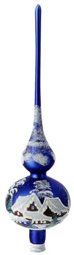 Holyart Blaue Schneebedeckte Landschaft aus Geblasenem Glas, 35 cm x 8 cm - Klassischer Weihnachtsbaumtopper für den Winter