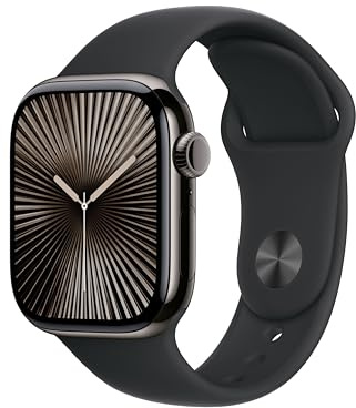 Apple Watch Series 10 (GPS + Cellular 42 mm) Smartwatch mit Titangehäuse in Schiefer und Sportarmband in Schwarz (M/L). Fitnesstracker, EKG App, Always-On Retina Display, Wasserschutz