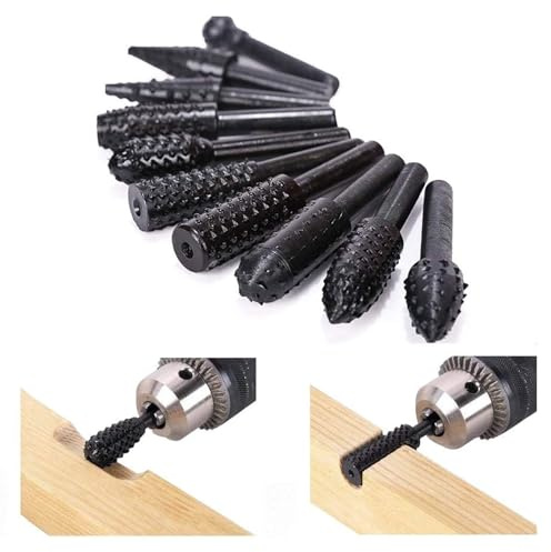 Wjelet 10 Stück Holzfräser für Bohrmaschine, Holzraspel Raspel Set, Holzraspel für Bohrmaschine Schaft Werkzeug Holzschnitzerei Kugelfräser Holzfräser Zapfenfräser Konusfräser