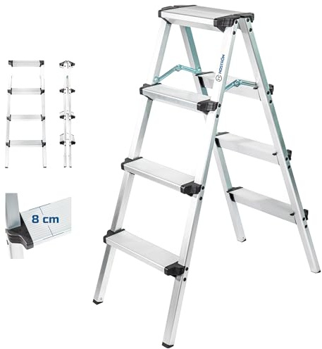 4-stegs trappstegsstege, liten hopfällbar stege, aluminium, kompakt och robust design, H Max arbete 2,59m, 5 års garanti, Hostrom