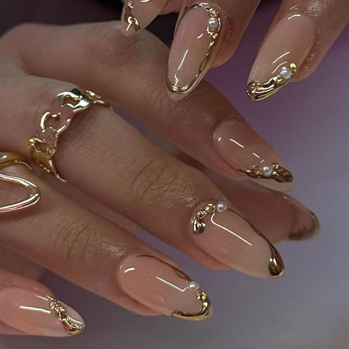 Yamobi Lot de 24 faux ongles à coller, en gel doux, en forme d'amande, dorés, avec autocollant Jelly pour femmes élégantes